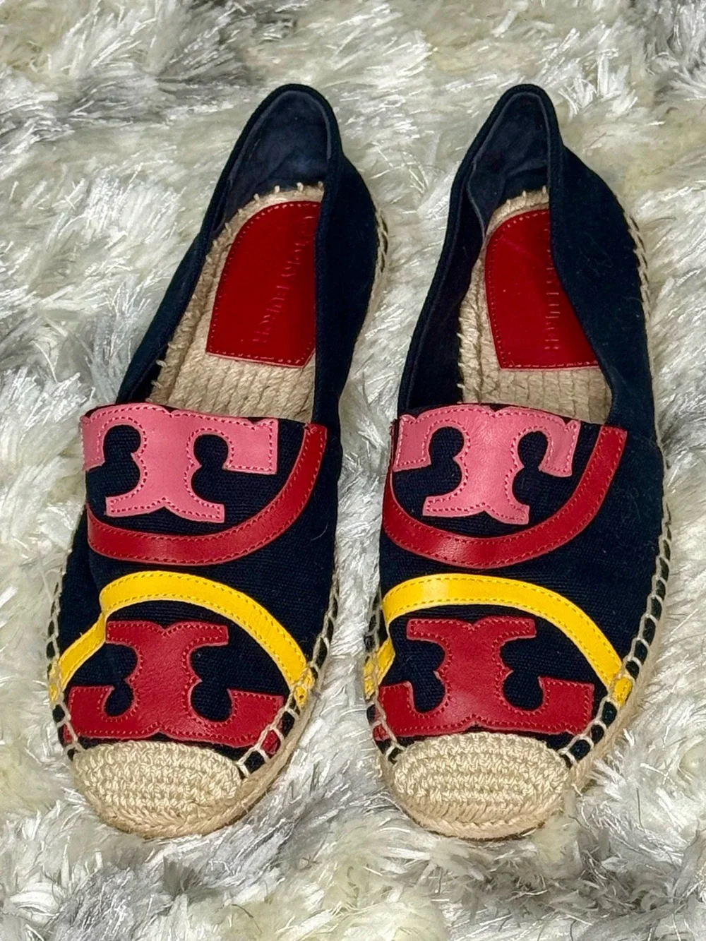 Tory Burch Black Canvas Espadrilles with Red, Pink & Yellow Leather Accents